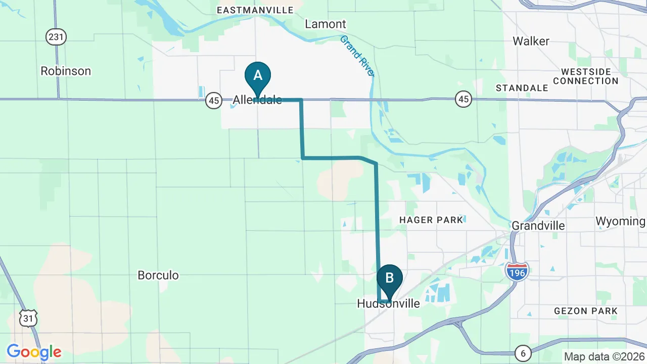 Driving directions map from Allendale, MI to Tahoe Chiropractic Clinic in South Lake Tahoe