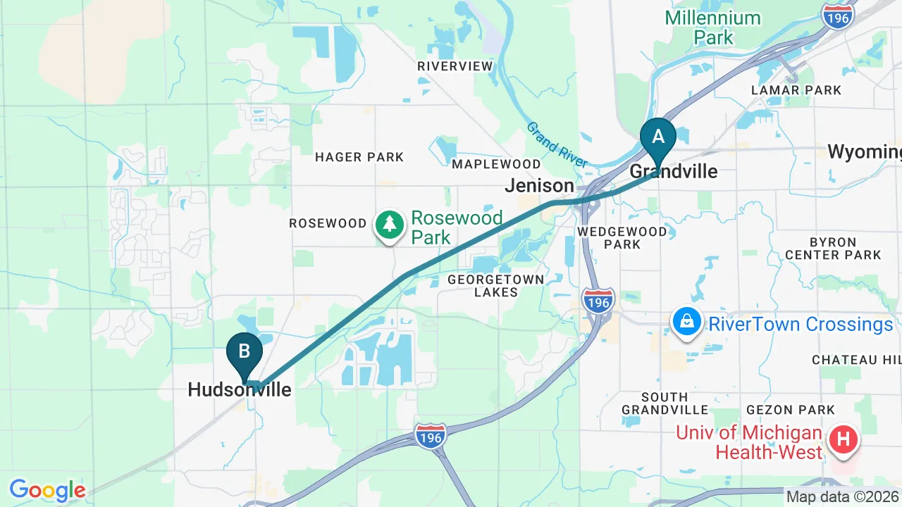 Driving directions map from Grandville, MI to Tahoe Chiropractic Clinic in South Lake Tahoe