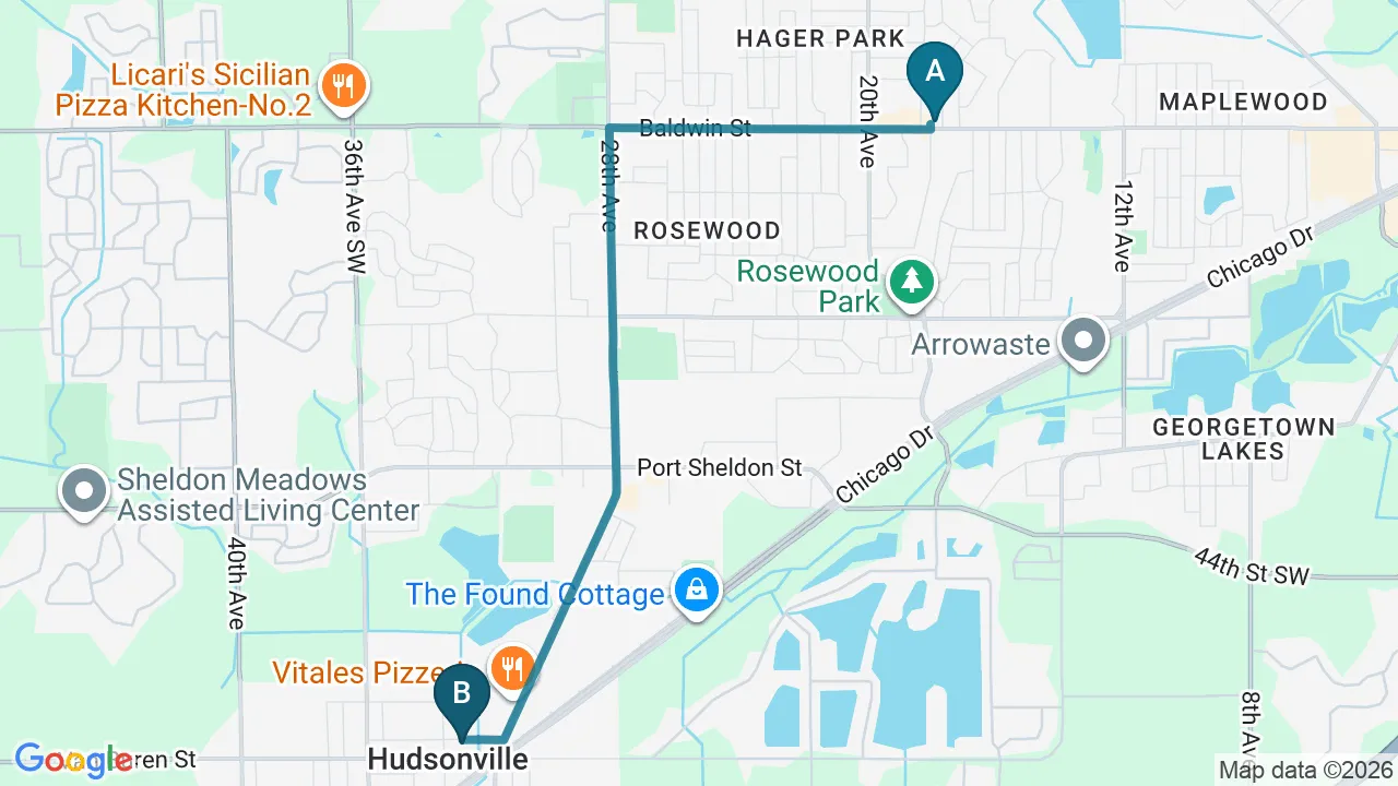 Driving directions map from Jenison, MI to Tahoe Chiropractic Clinic in South Lake Tahoe